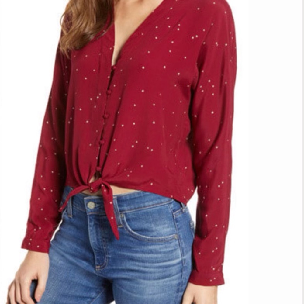 Rails Sloane Long Sleeve Burgundy/Red Blouse White Stars & Bow on front Size XS